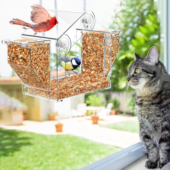 Fmxomd Window Bird Feeder with Dual Side Hoppers– View Clear Feeder, Outside Birdfeeder for Window, Strong Suction up Adhesive Options, Close-up Viewing for Indoor Cats & Bird Lover Gifts
