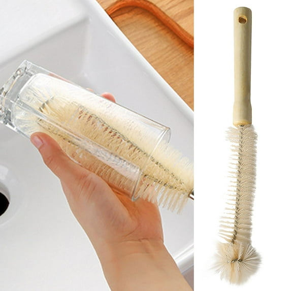 Fmxomd Wooden Bottle Brush - Long Handle Cup Scrubber with Good Wood Grip - 11.8" Non-Scratch for Water Bottles, Decanters, Tumblers & Glassware (Brown)