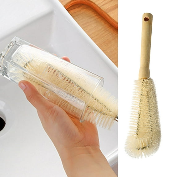 Fmxomd Wooden Bottle Brush - Long Handle Cup Scrubber with Good Wood Grip - 11.8" Non-Scratch for Water Bottles, Decanters, Tumblers & Glassware (Brown)