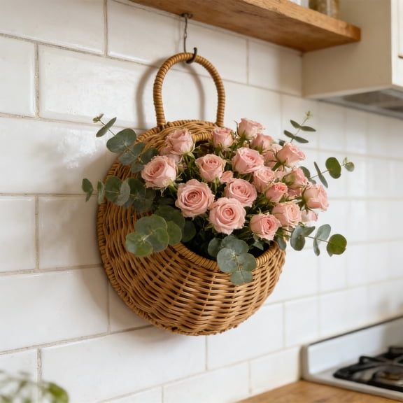 Fmxomd Woven Hanging Wicker Basket for Door, Semi-Circular FHandmade Rattan Hanging Wall Baskets for Garden Farmhouse Home,1Pack