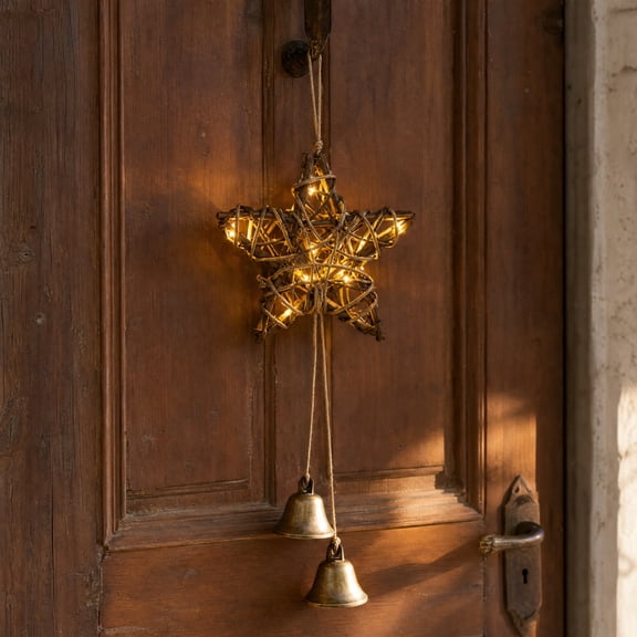 Fmxomd Woven Star with Lights for Door Knob for Protection, 1 Pack Handmade RattanStar 12 Inch with Brass Bells, Vintage Boho Witchy Decor Witchcraft Supplies Gifts for Home Wall Door