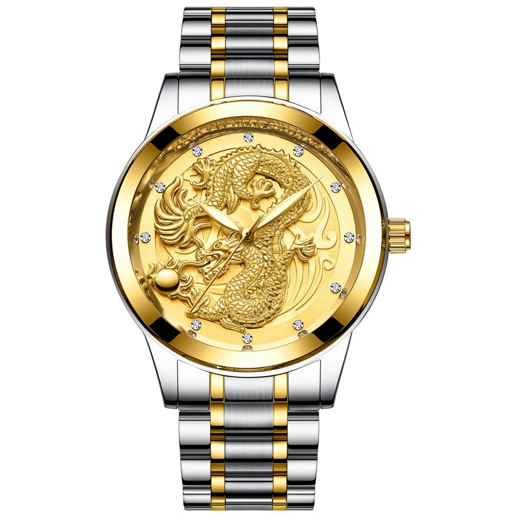 Fngeen Brand Men s Non Mechanical Waterproof Luminous Golden Quartz Ultra Thin Steel Strap Dragon and Phoenix Couple s Watch Walmart