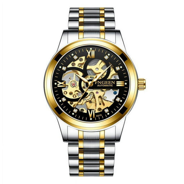 Fngeen Gold Automatic Watch Men Stainless Steel Strap Skeleton Mechanical Watches Top Brand Luxury Luminous Pointer Watch 6018 Mechanical Wristwatches Walmart