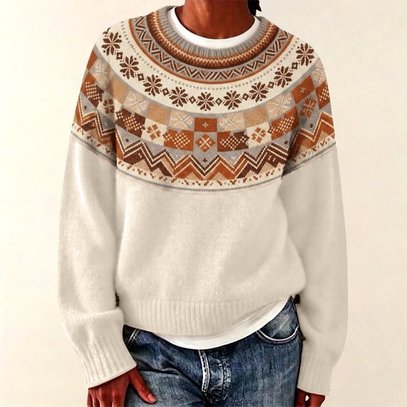 Fnhpitd 2026 Essentials Womens Sweaters Vintage Knitted Crew Neck Sweater for Women Y2K Aesthetic Pullover Fall Winter Trendy Clothes, Beige L
