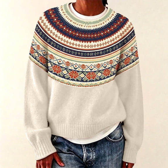 Fnhpitd 2026 Essentials Womens Sweaters Vintage Knitted Crew Neck Sweater for Women Y2K Aesthetic Pullover Fall Winter Trendy Clothes, Beige L