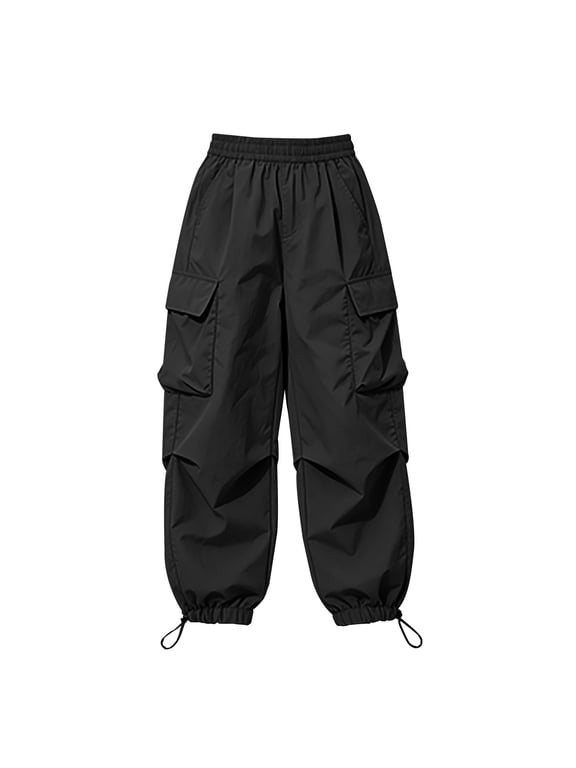 Girls Cargo Wide Leg Sweatpants Baggy Pants, Teen Pants with Pockets, Tween Pull on Trouser, Junior Athletic Jogger Black 120