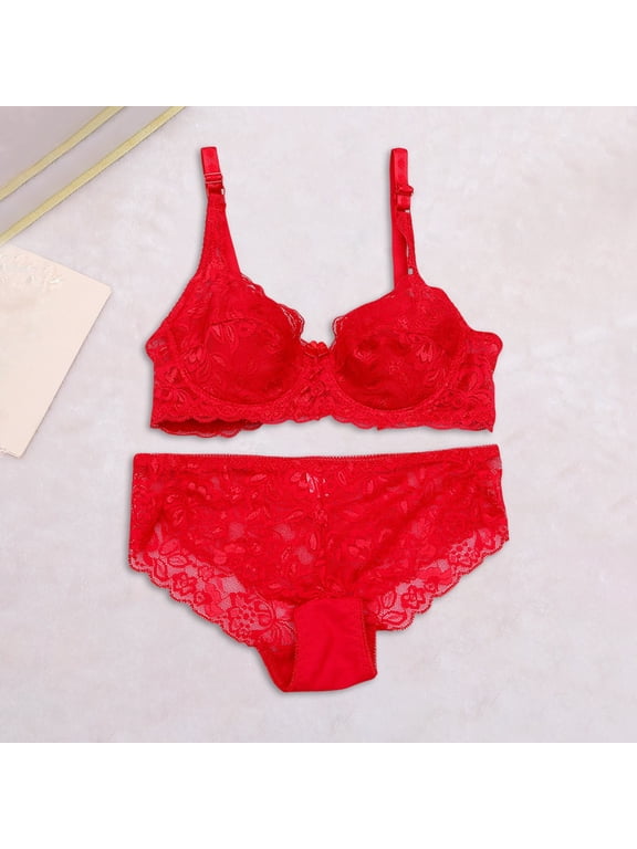 Matching Underwear And Bra Sets Women's Underwire Lace Push-Up Bra And Bikini Set Bra Matching Panties 2 Piece, Under $10 Push up Bra And Panty Sets for Women Red