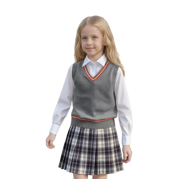 Fnhpitd Sweater Vest Girls Fall and Winter Waistcoat, School Uniforms Sleeveless Knit Pullover Grey 150