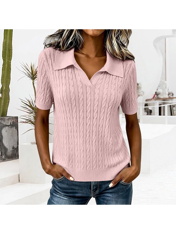Womens Short Sleeve Sweater Tops Lapel V Neck Knit Polo Shirts 2026 Summer Cable Knit Loose Blouse Business Casual Outfits Knit Casual Soft Pullover Shirt Pink Size: M