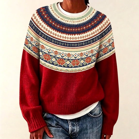 Fnhpitd Womens Vintage Knitted Crewneck Sweater Geometric Pattern Oversized Pullover Fall Winter Trendy Top, Red L