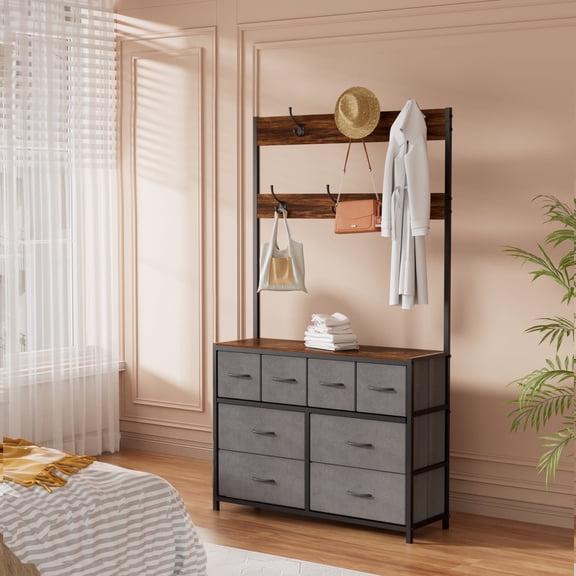 Fnkosi 68.9" Fabric 8 Drawer Tall Dresser with Hanging Rack for Bedroom, Chests of Drawers with Open Shelves, Gray