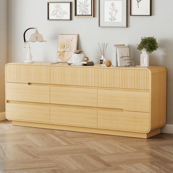 Fnkosi 9 Drawers Dresser, 57.9" Wide Modern Chest of Drawers , Dresser TV Stand Up to 65 Inch TV, Wood Drawer Organizer for Bedroom, Living Room, Hallway,Natural Oak