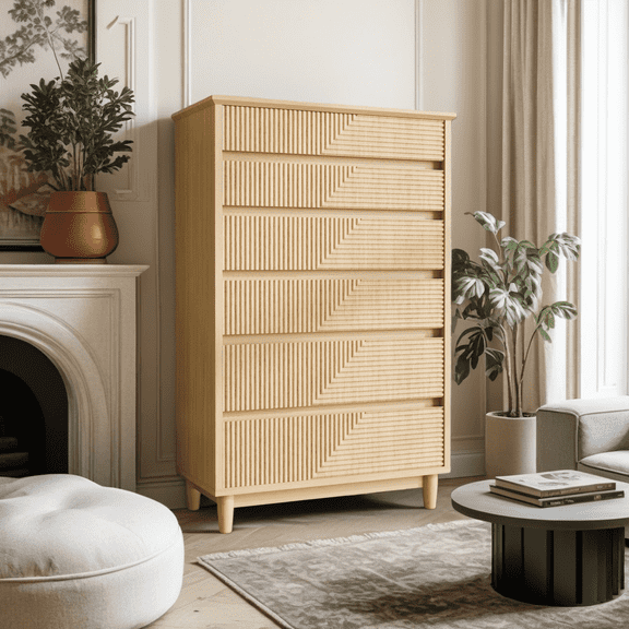 Fnkosi Fluted 6 Dresser for Bedroom,Modern Tall Chest of Drawers,31.5" Length Drawers with Charging Station,Large Storage Organizer,Suitable for TV Stand/Living Room,Natural