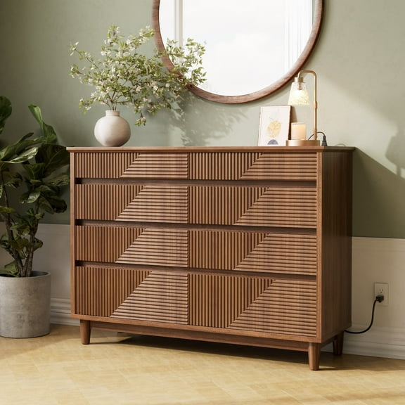 Fnkosi Fluted 8-Drawer Dresser,Large Wood Storage Chest Organizer with Charging Station,Waterproof Lacquered Desktop,for TV Stand/Bedroom,Walnut Color