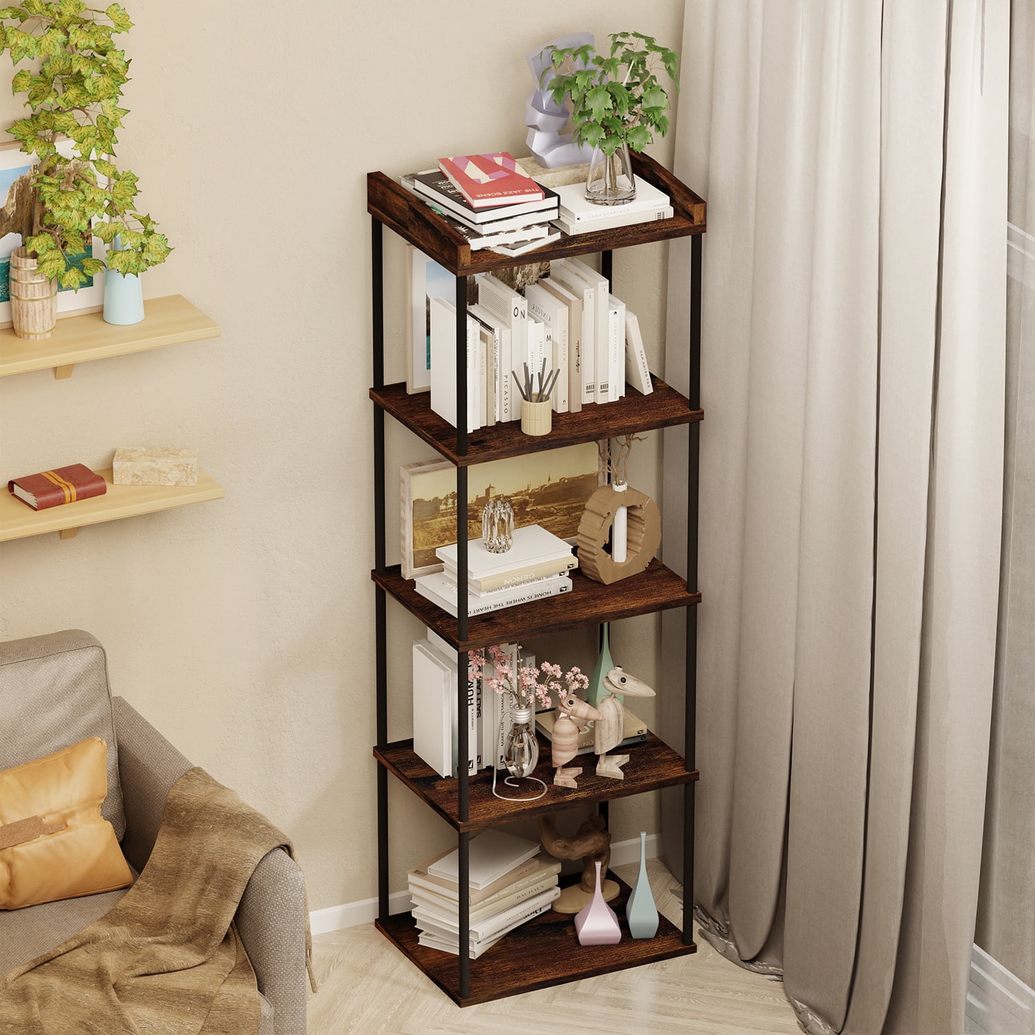 Fnmobe 5-Tier Narrow Book Shelf, Tall Industrial Wood Bookcase, Vintage ...