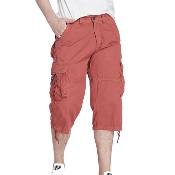 Fnnxeal 100% Cotton Men’s Multi-Pocket Cargo Shorts Loose Fit Capri Length Casual Utility Bottoms with Drawstring Hem Red,Size L