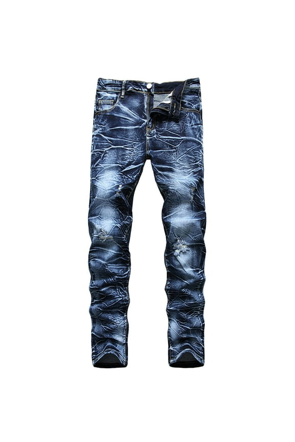 100% Denim Men's Dark Blue Jeans - Classic Straight Leg, Vintage Distressed Wash, Durable Comfort, Size 42, Casual Daily/Outing Wear for Walmart US