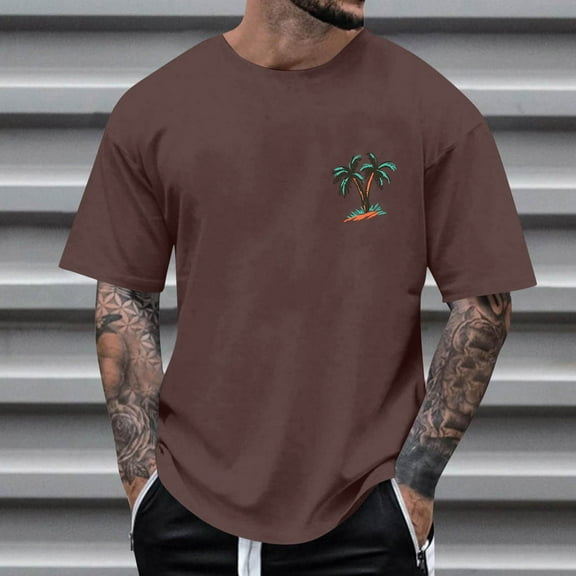 Fnnxeal 2XL Men's Oversized Palm Tree Tee - Brown, Stretch Polyester, Beach Casual Graphic T-Shirt for Vacation & Daily Wear