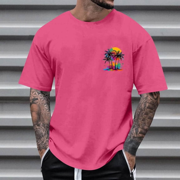 Fnnxeal Big & Tall 3XL Men's Palm Tree Graphic Tee - Watermelon Red, Polyester Spandex, Stretchy, Beach Vacation Casual Shirt