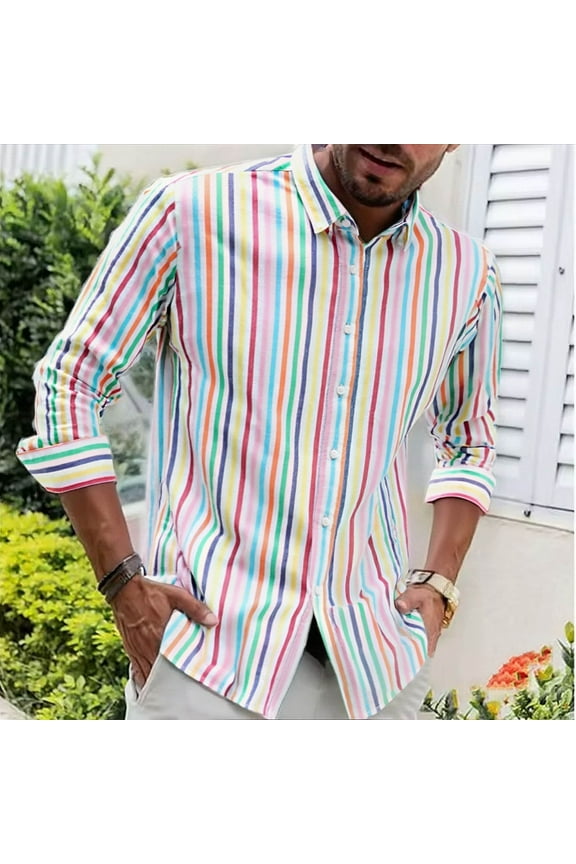 Big & Tall 4XL Beige Men's Striped Oxford Shirt - Vibrant Design, Long Sleeve Roll-Up Cuffs, Stylish Casual, Durable Breathable