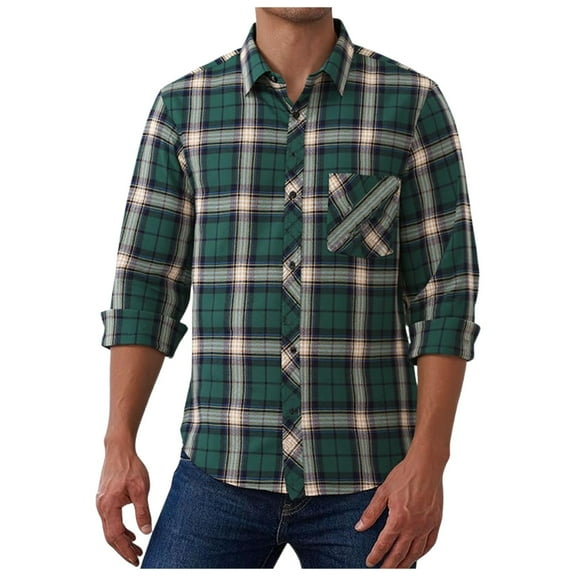 Fnnxeal Big & Tall Green Plaid Shirt for Men 5XL - Stretchy Nylon Spandex, Wrinkle Resistant, Button Down with Chest Pocket, Casual Outdoor Everyday Wear