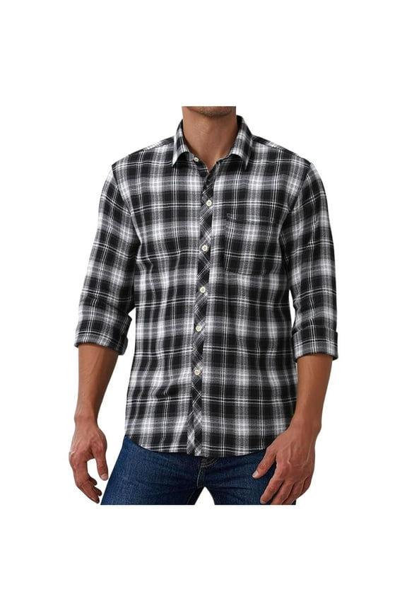Big & Tall Men's 4XL Black Plaid Shirt, Stretchy Button-Down Long Sleeve, Durable Comfortable, Multi-Season Versatile for Work & Casual