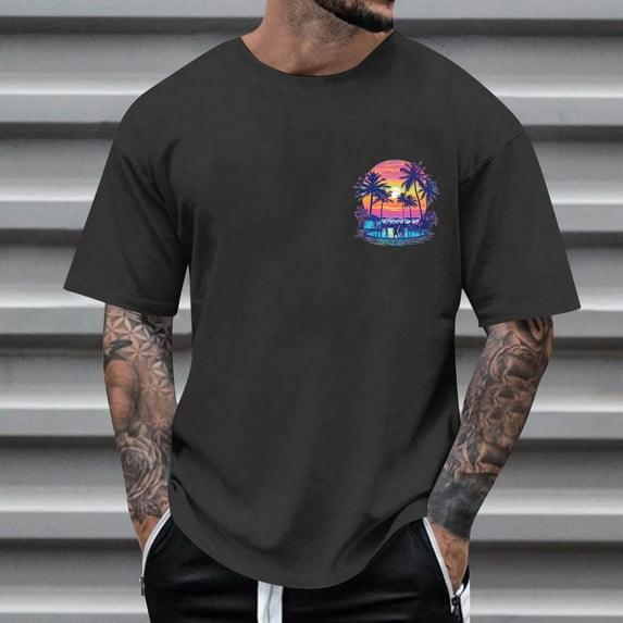 Fnnxeal Big & Tall Men's 4XL Dark Gray Tee, Retro Tropical Palm Tree Sunset Graphic, Stretchy Quick-Dry, 80s Vintage, Beach Vacation Casual T-Shirt