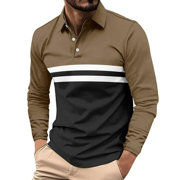 Fnnxeal Big & Tall Men's 5XL Coffee Long Sleeve Polo Shirt - 100% Polyester, Color-Blocked, Wrinkle-Resistant, Business Casual for Office & Daily Wear