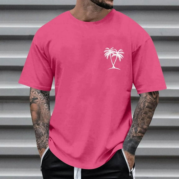 Fnnxeal Big & Tall Men's 5XL Watermelon Red T-Shirt - Palm Tree Print, Stretchy Breathable, Tropical Casual Beach Vacation Everyday Wear