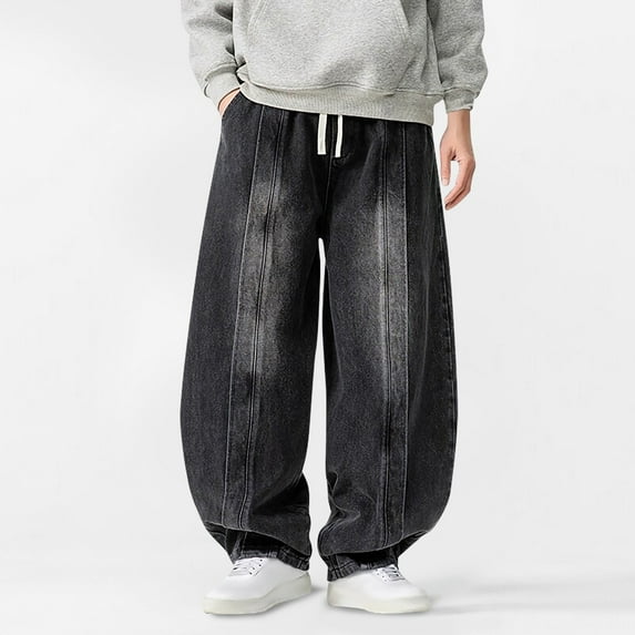 Fnnxeal Big & Tall Men's Black Oversized Baggy Denim Pants - Size 3XL, 100% Denim, Elastic Drawstring Waist, Streetwear Style, Vintage Wash, Comfortable Casual Daily Jeans