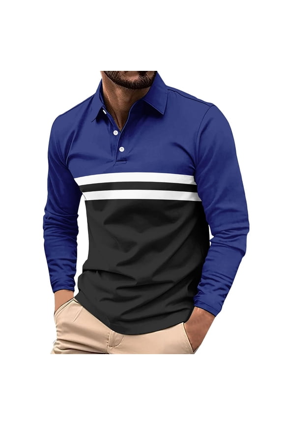 Big & Tall Men's Blue Long Sleeve Polo Shirt - 5XL Striped Color-Blocked Polyester, Wrinkle-Resistant Easy-Care for Casual/Office/Outdoor