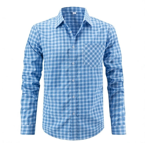 Fnnxeal Big & Tall Men's Blue Plaid Shirt - 3XL, Long Sleeve Cotton Rayon Blend, Stretchy Button-Down with Chest Pocket, Casual Work Wear