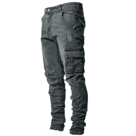 Fnnxeal Big & Tall Men's Gray Cargo Jeans - Polyester, 3XL Size, Slim Fit, Vintage Distressed with Multiple Pockets, Trendy Casual Daily Wear