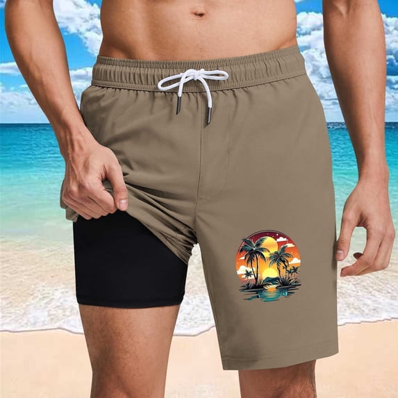 Fnnxeal Big & Tall Mens Beach Shorts Swim Trunks Quick Dry 5" Inseam with Liner, Pocket Tropical Print Coffee,Size 3XL