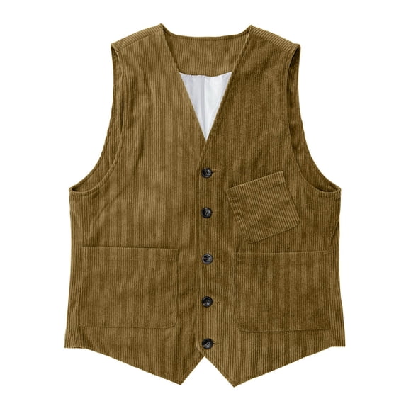 Fnnxeal Big & Tall Mens Corduroy Vest Waistcoat, Khaki Slim Fit 5-Button Stretch Cotton for Casual Wedding & Fall Layering, V-Neck with Pockets,Size 2XL