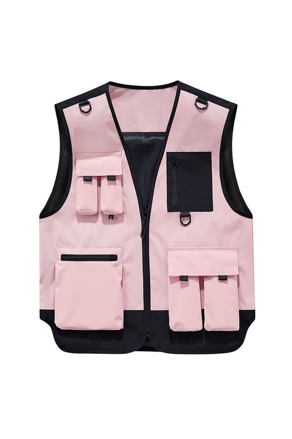 Big & Tall Mens Work Vest, Multi-Pocket Utility Vest for Outdoor & Hiking, Pink Functional Cargo Vest, Lightweight with Mesh,Size M