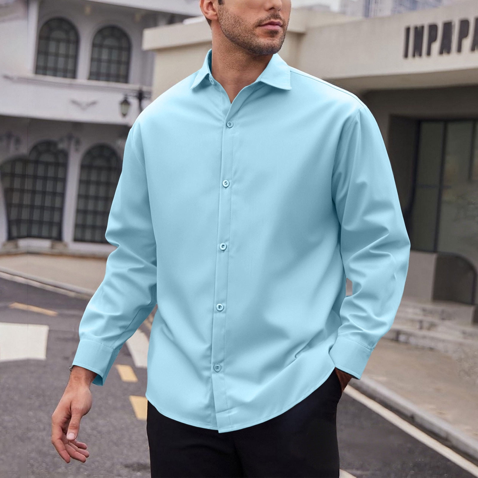Fnnxeal Blue Men's 2XL Long Sleeve Polyester Shirt - Button-Down ...