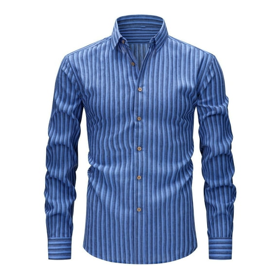 Fnnxeal Blue Striped Linen Shirt for Men - 2XL, Long Sleeve Button-Down, Breathable, Moisture-Wicking, Versatile for Casual & Semi-Formal Use