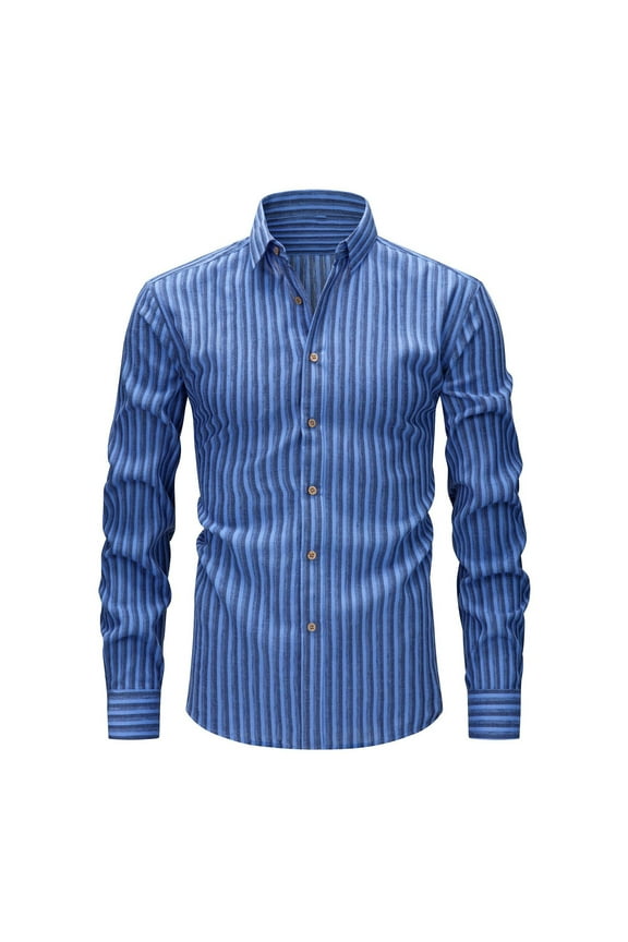 Blue Striped Linen Shirt for Men - 2XL, Long Sleeve Button-Down, Breathable, Moisture-Wicking, Versatile for Casual & Semi-Formal Use