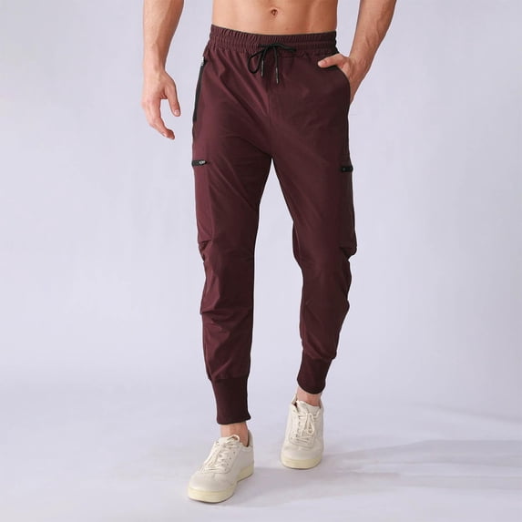 Fnnxeal Cargo Pants for Men Running Pull-On Drawstring Stretch Solid Trouser Wine Pants for Men Size L