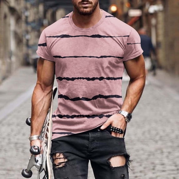 Fnnxeal Casual Mens Muscle Fit Short Sleeve T-Shirt Wine Distressed Stripe Pattern Soft Polyester Spandex Stretchy Crew Neck,Size 2XL