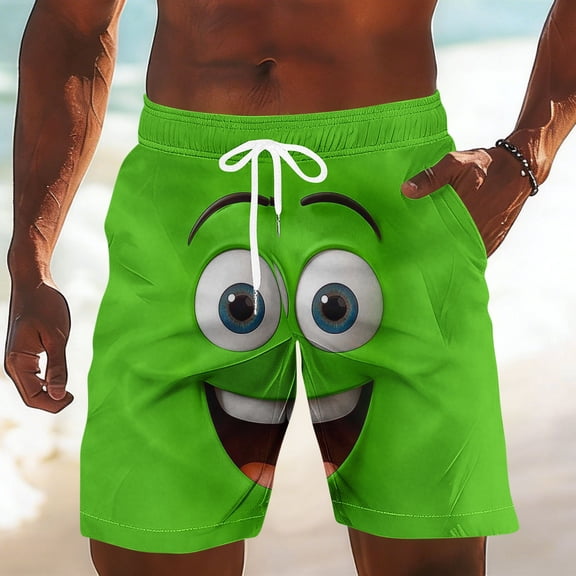 Fnnxeal Funny Mens Swim Trunks Cartoon Face Print Green Quick Dry Beach Shorts with Drawstring,Size XL