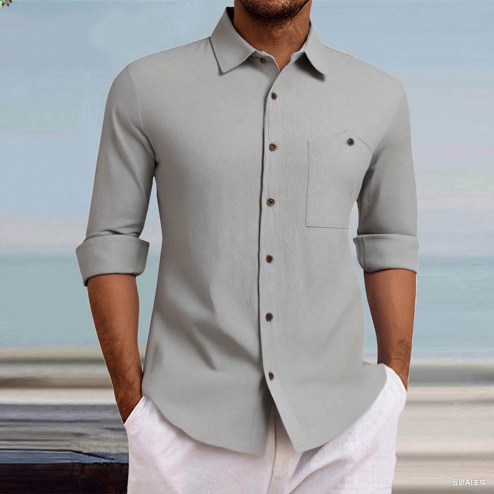 Men’s White Linen Button Down Shirt - Long Sleeve Roll-Up Casual Dress Shirt by USA Men's Outlet main image 0