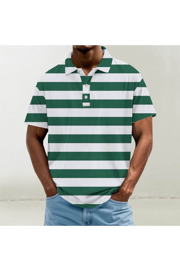 Green/White Mens Striped Polo Shirt – Breathable Performance Fabric – Moisture Wicking Short Sleeve Golf Top,Size 4XL