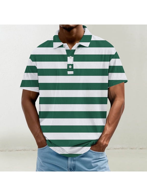 Green/White Mens Striped Polo Shirt – Breathable Performance Fabric – Moisture Wicking Short Sleeve Golf Top,Size M