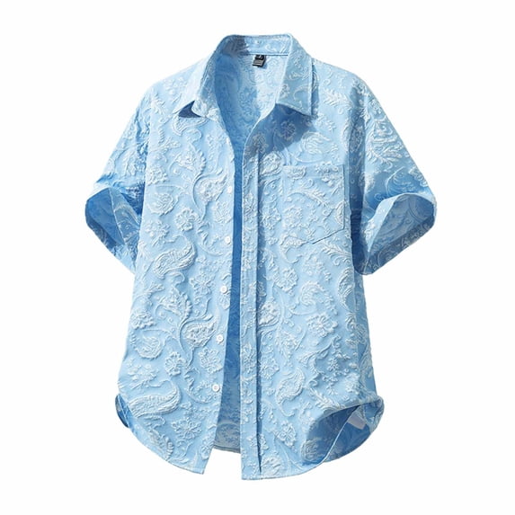 Fnnxeal Men Button Down Shirt Beach Casual Summer Collared Short Sleeve Hawaiian Light Blue Shirts for Men Size 2XL