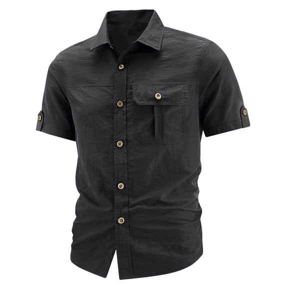 Fnnxeal Men Button Down Shirt Cargo Short Sleeve Summer Casual Collared Pocket Black Shirts for Men Size 2XL