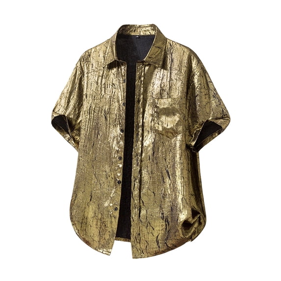 Fnnxeal Men Button Down Shirt Summer Short Sleeve Casual Collared Hawaiian Beach Gold Shirts for Men Size M