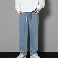 thumbnail image 1 of Fnnxeal Men's 100% Cotton Casual Denim Pants - 2XL Blue, Drawstring Waist, Loose Straight-Leg, Breathable Timeless Design for Daily/Outdoor/Work Casual, 1 of 5