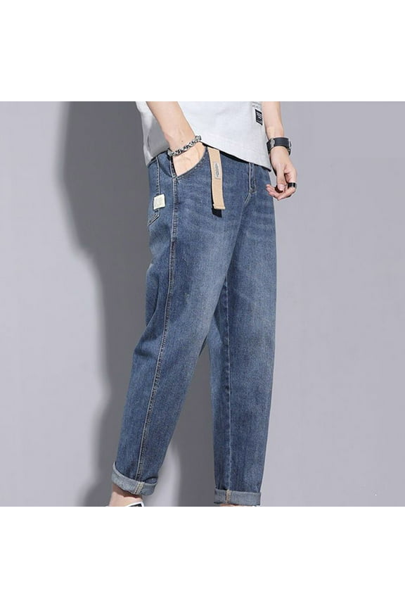 Men's 100% Denim Jeans - Dark Blue, Relaxed Fit Straight Leg, Durable Comfortable, Roll Cuff with Beige Tag, Casual Daily Wear, Size L